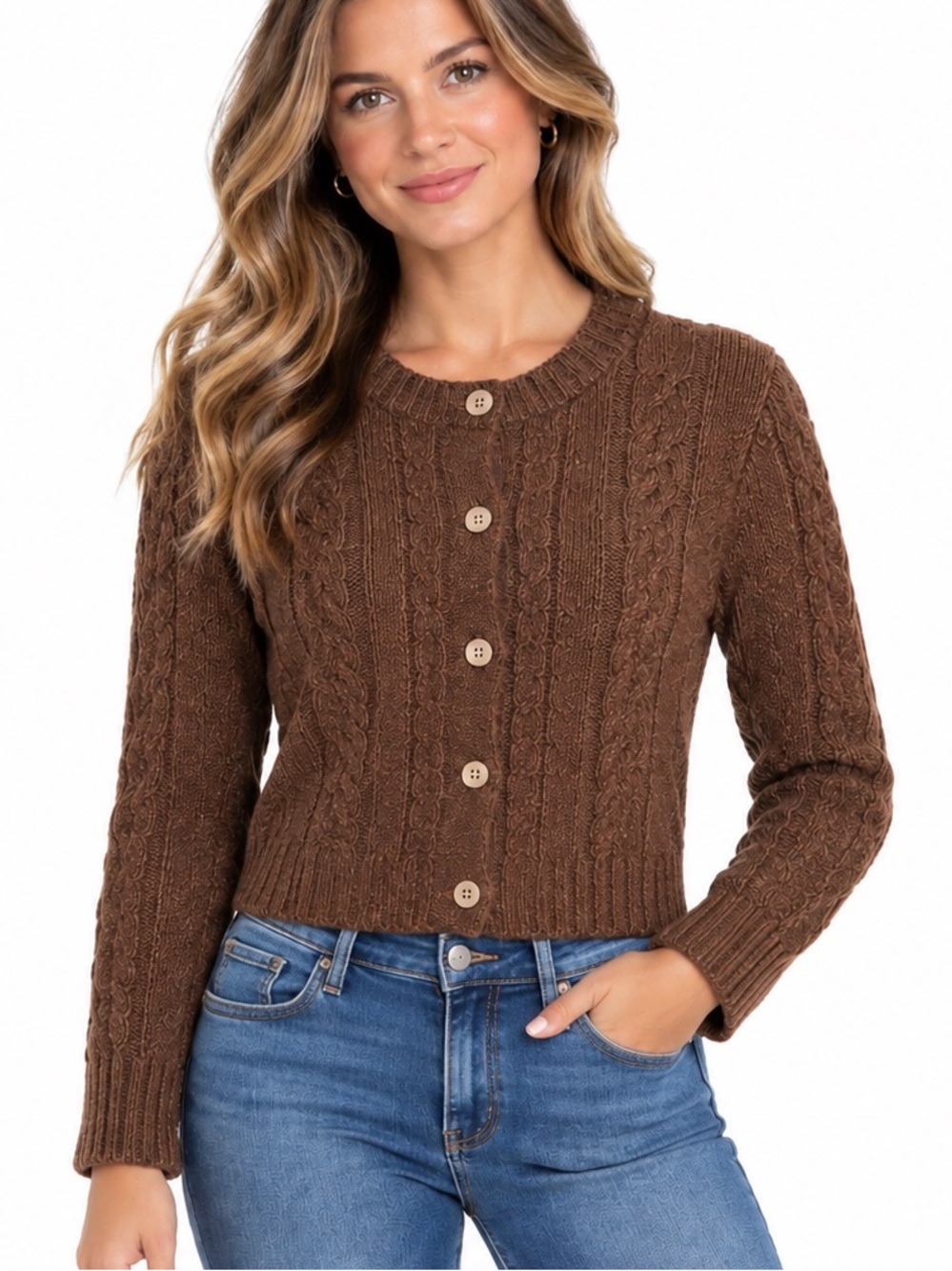 Vintage GAP Brown Cable Knit Button-Up Cardigan 100% Wool